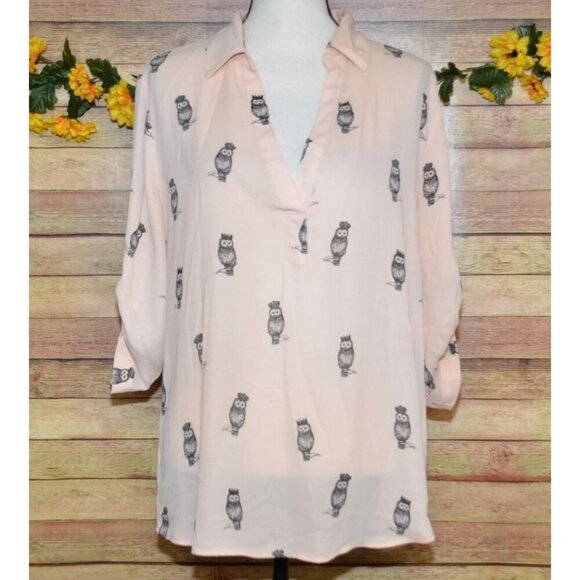 Soho Peach Owl Print Blouse Top Size L Roll Tab Sleeves V-Neck Casual Career - Picture 1 of 14